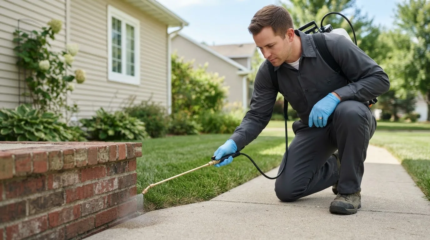 Pest control technician treating a home near Berkeley Springs, WV